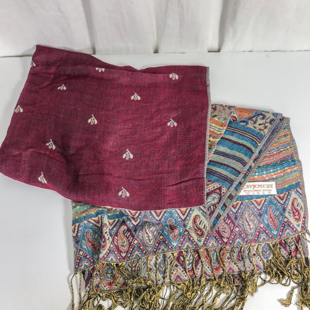 Boho Pashmina Aqua Maroon Tassle Cashmere Scarf